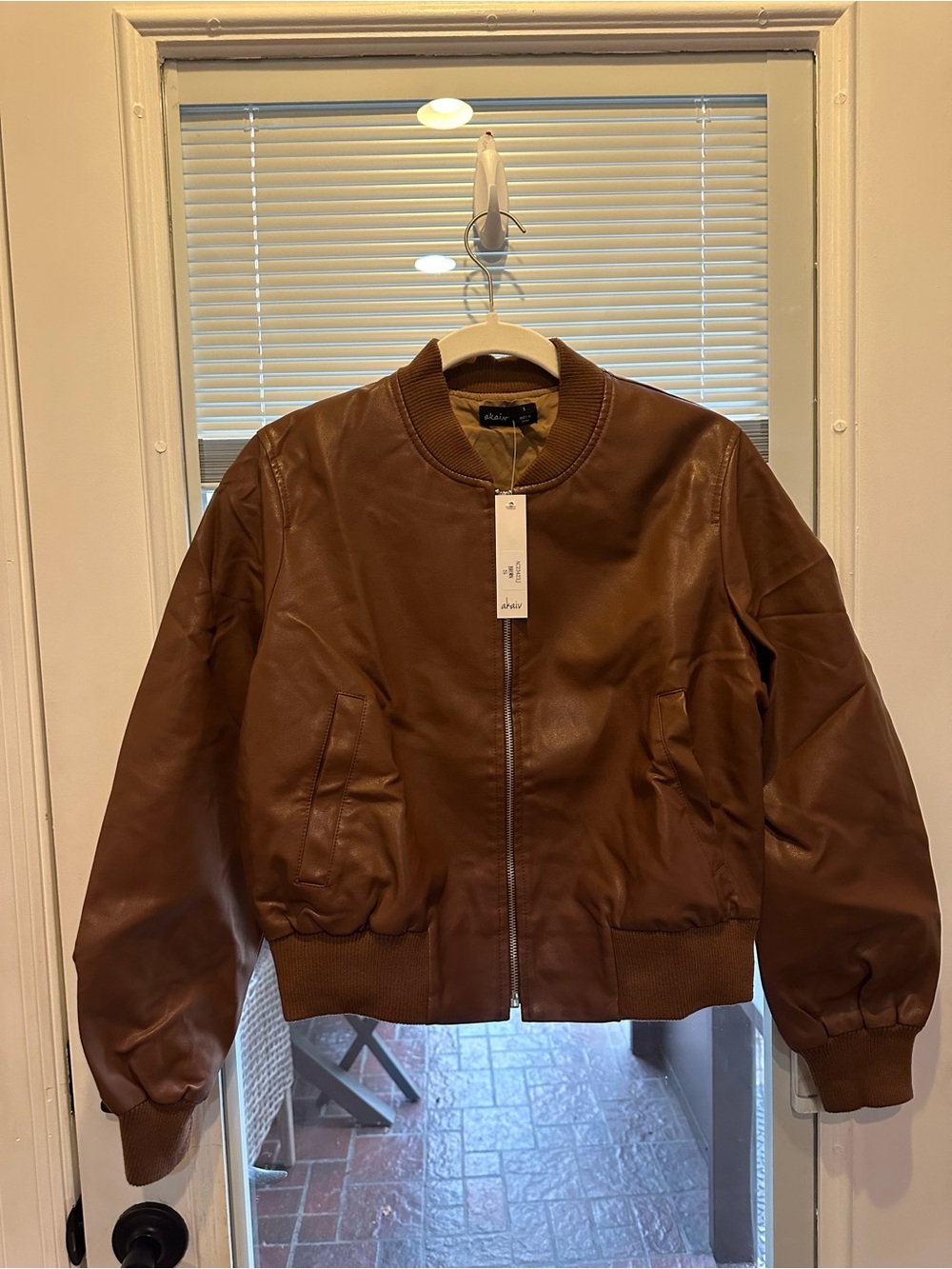 Akalia Brown Faux Leather Bomber Jacket